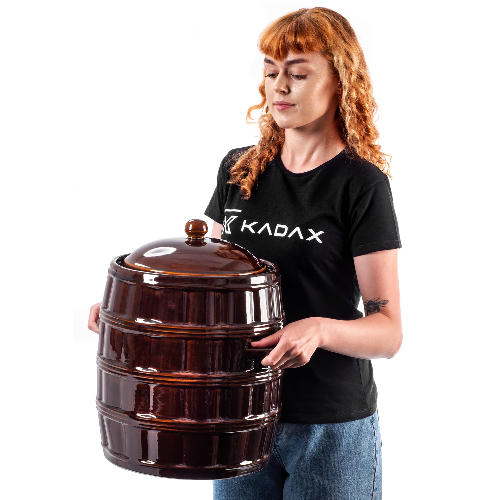 KADAX Steengoed pot, dichte keramische pot met watergoot en deksel, vaatwasmachinebestendige steengoed pot, gistpot van keramiek, inzetpot voor komkommers (bruin, 4L