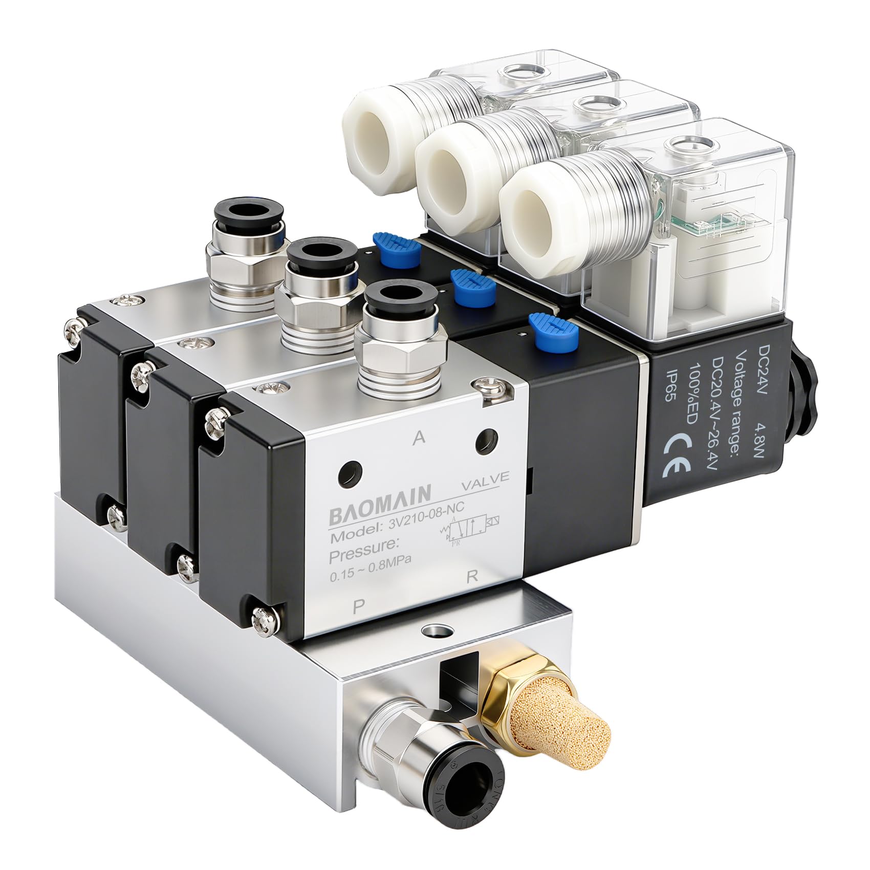 Baomain 3 Station Solenoid Valve Manifold, 24V DC 3 Way 2 Position Pneumatic Air Valve, Triple Solenoid, 1/4" PT Port, Includes Manifold Base &