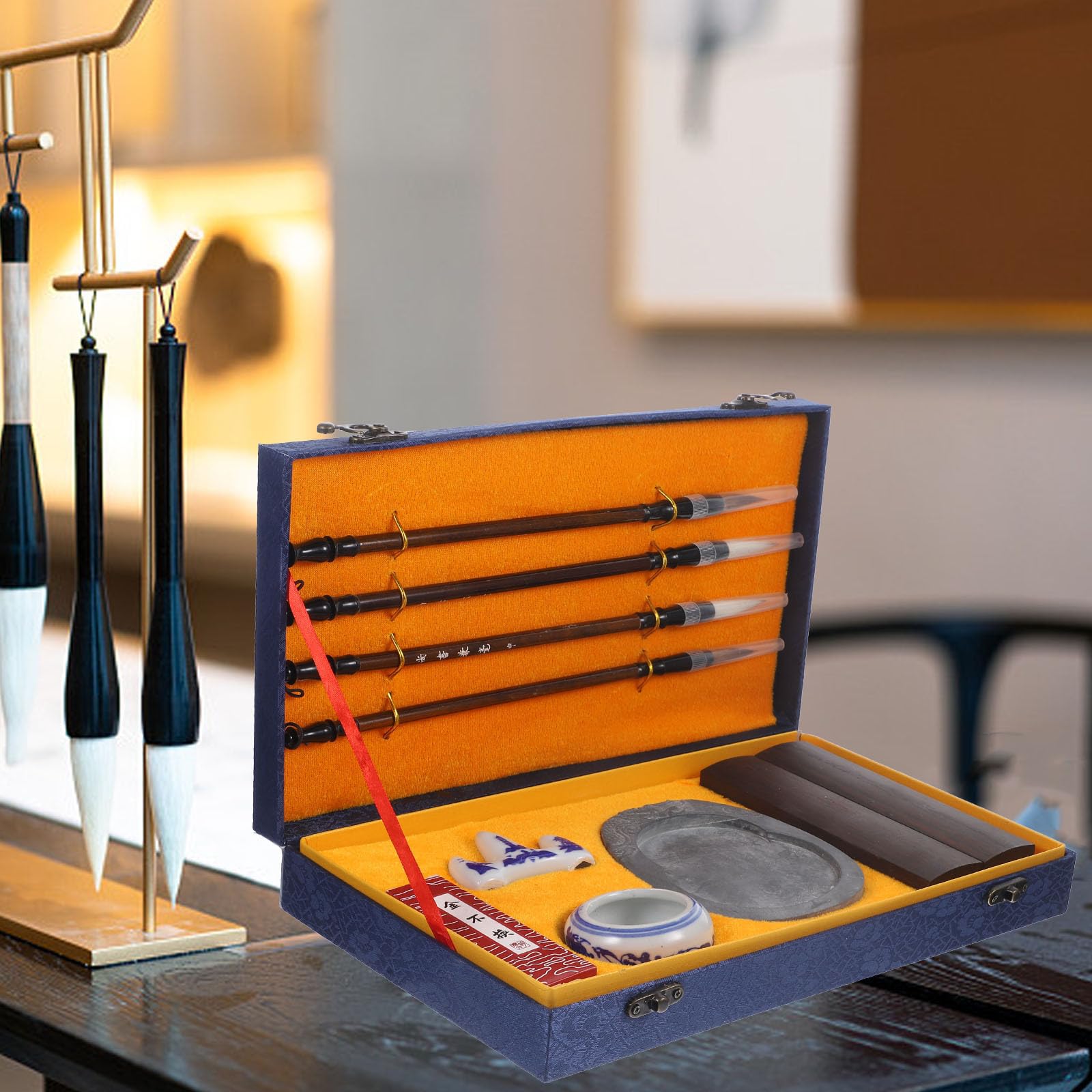 Pennelli Calligrafia Set 1 in Legno Portatile con Stick di Inchiostro, Kit per Pratica di Scrittura e Pittura per Artisti
