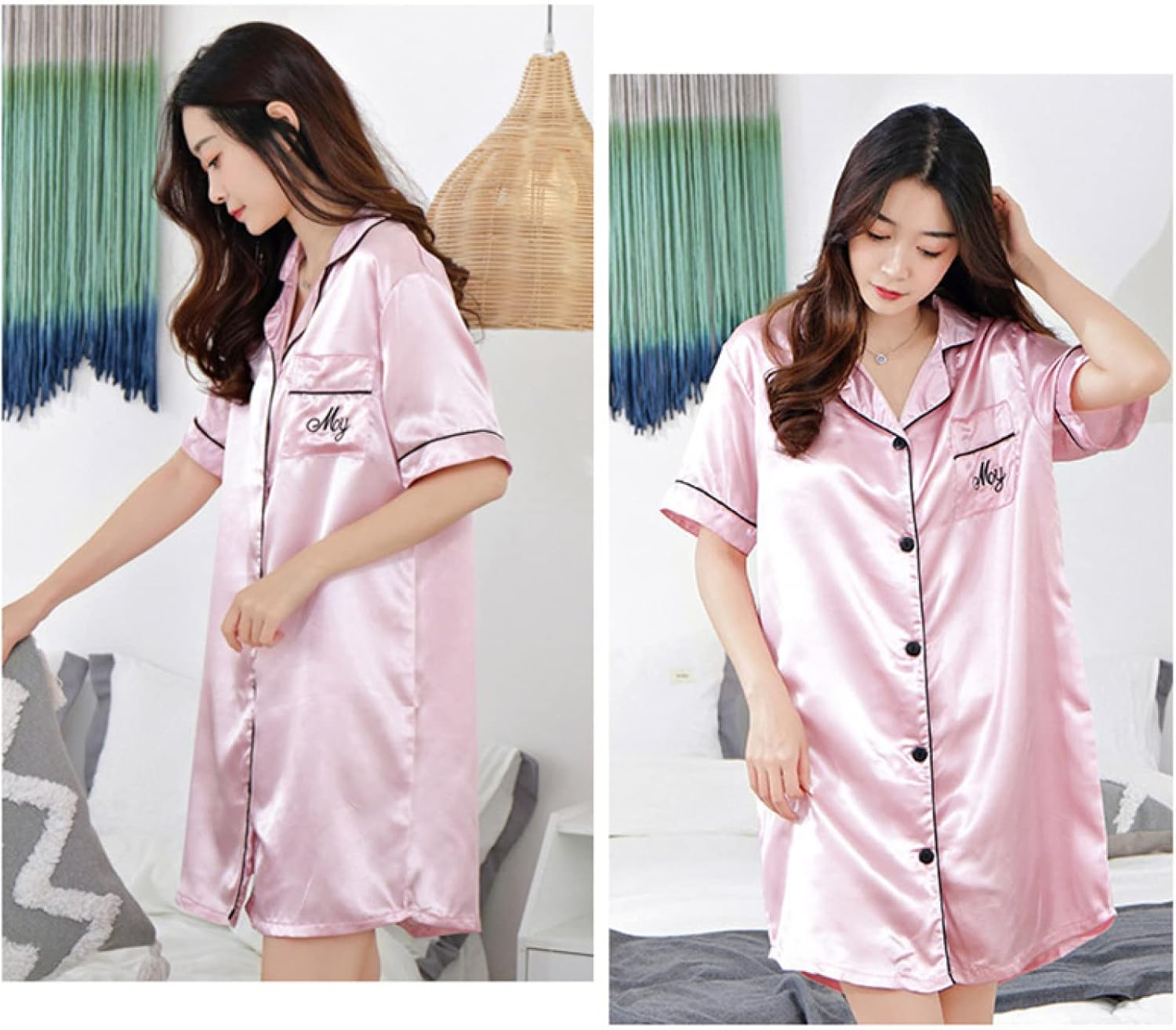 [シュウカ] シャツ風 パジャマ ミニ ワンピース ルームウェア 部屋着 ネグリジェ 前開き 半袖 レディース 大きいサイズ ロング