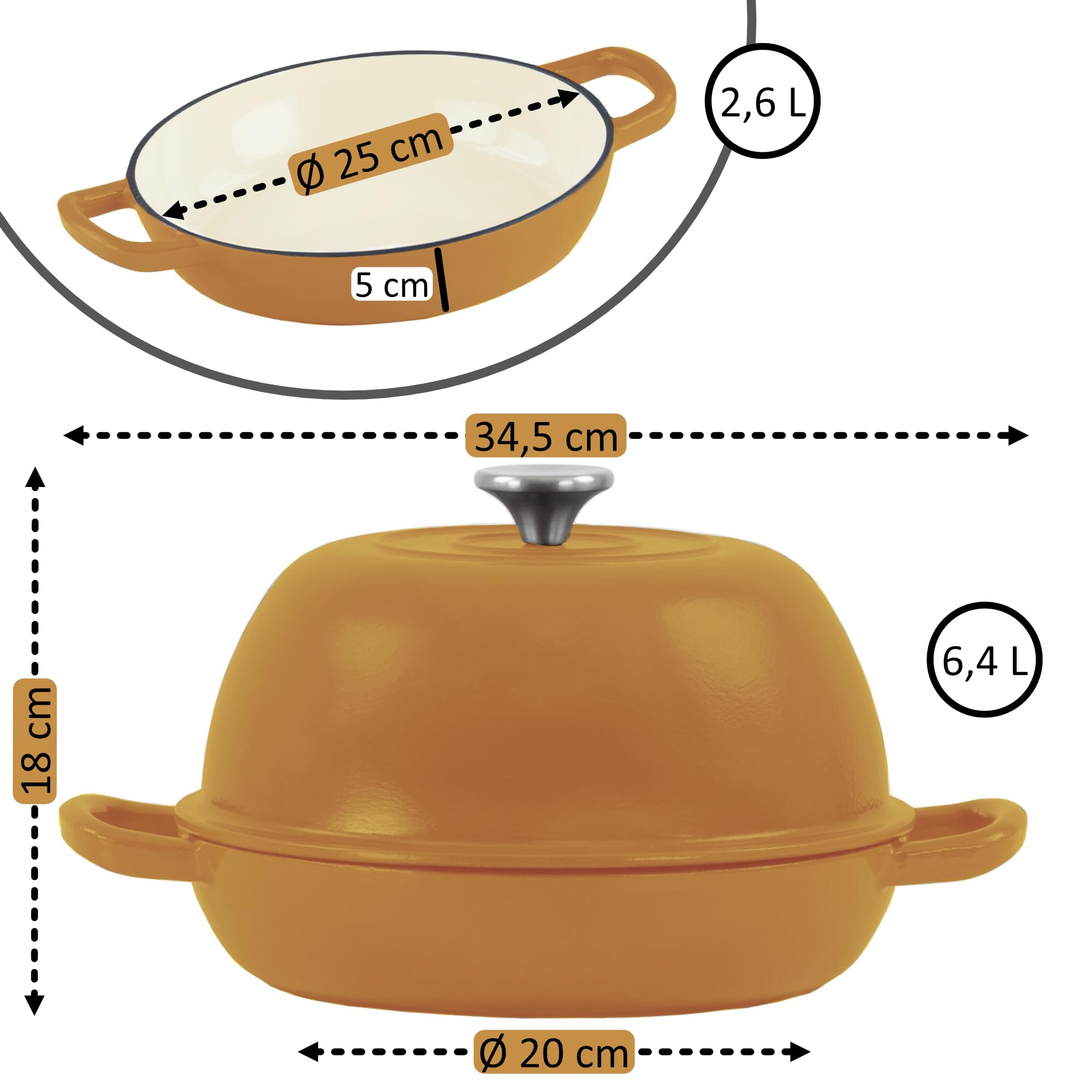 Mahlzeit Gusseisen Brottopf Set emailliert | 6,4 Liter | Sunny Orange | Brotbackform mit Brotschlinge und Untersetzer, Brotbackset, Gusseisentopf, Brotform, Brotbackform mit Deckel, Emaille Schmortopf