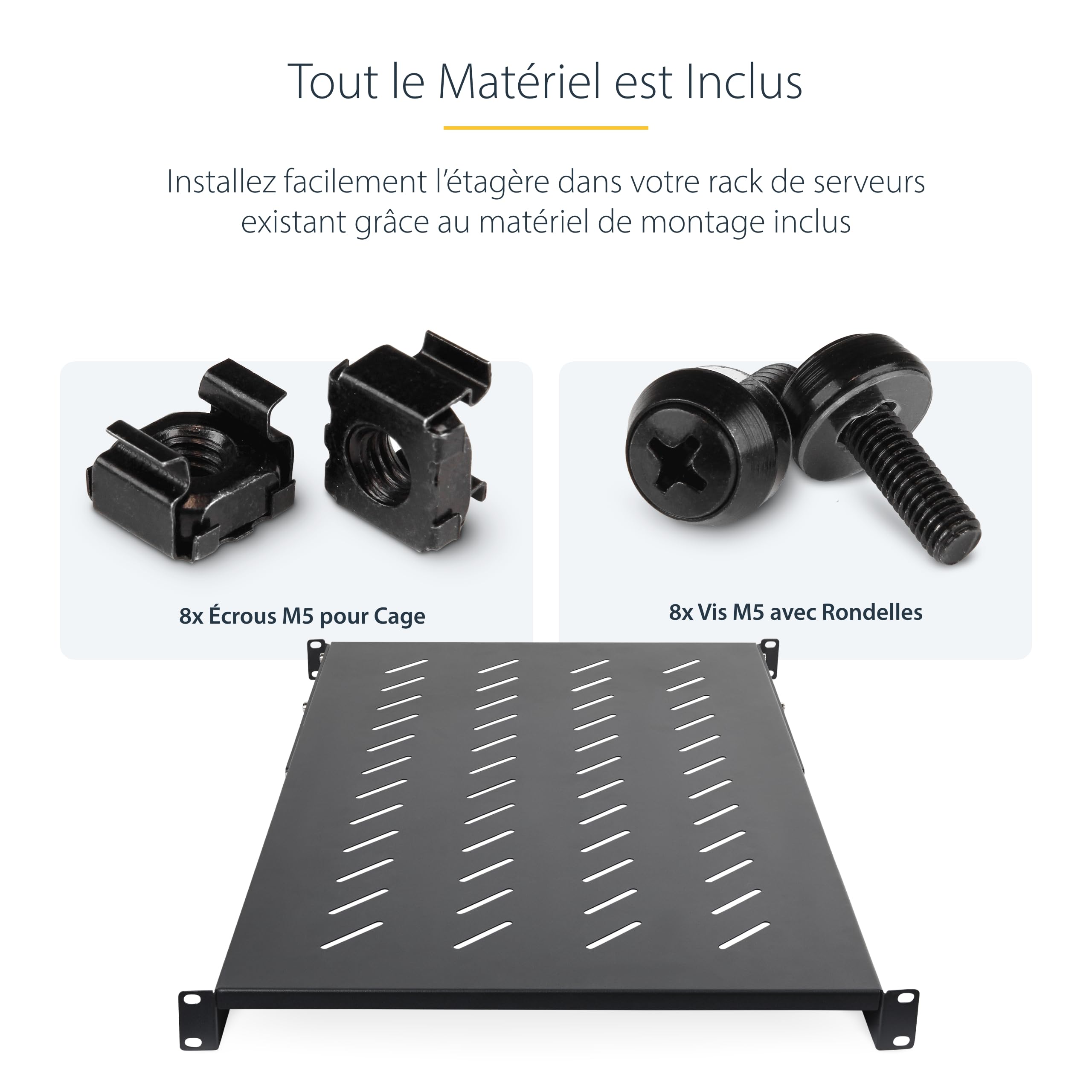 StarTech Étagère Ventilée 1U à 4 Montants pour Rack, 68kg (ADJSHELFV-Rack) | Profondeur réglable 71, 1-87, 3cm, Écrous et vis inclus, Serveur