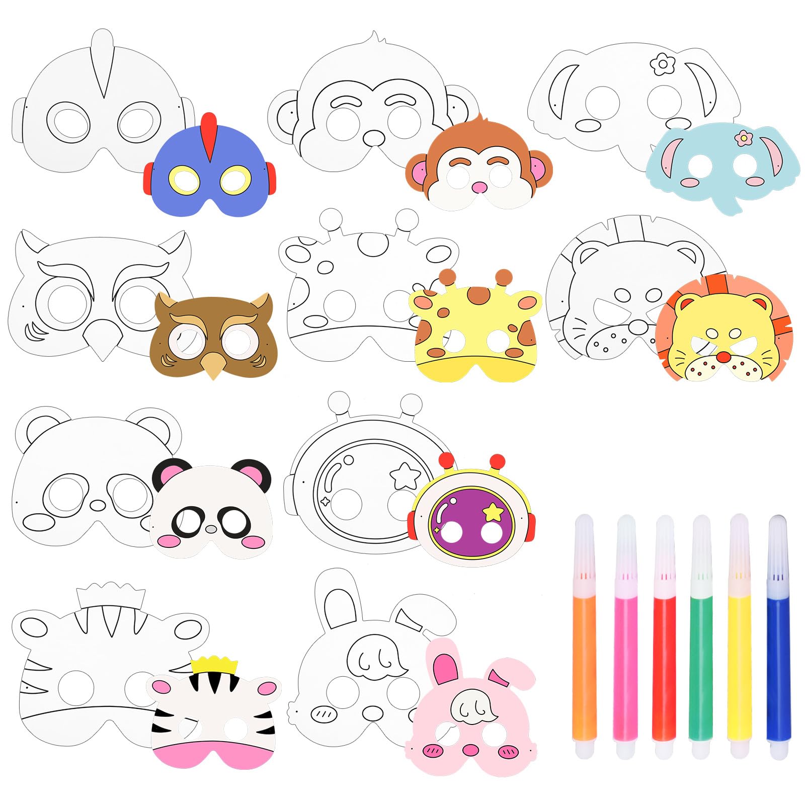 Máscaras para Niños, 10 Máscaras Animales con 6 Bolígrafos de Colores, Mitad Máscara León Rana Conejo Oso Jirafa Cosplay con Cuerda, Máscaras en Blanco para Colorear Bricolaje, Favores de Fiesta