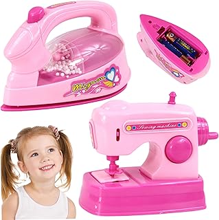 2 Piezas de Juguete para Juego de imitación para niños pequeños con Plancha y máquina de Coser, Mini Juguetes para Juego de imitación, Cosas realistas con luz y Sonido para restauración de escen.