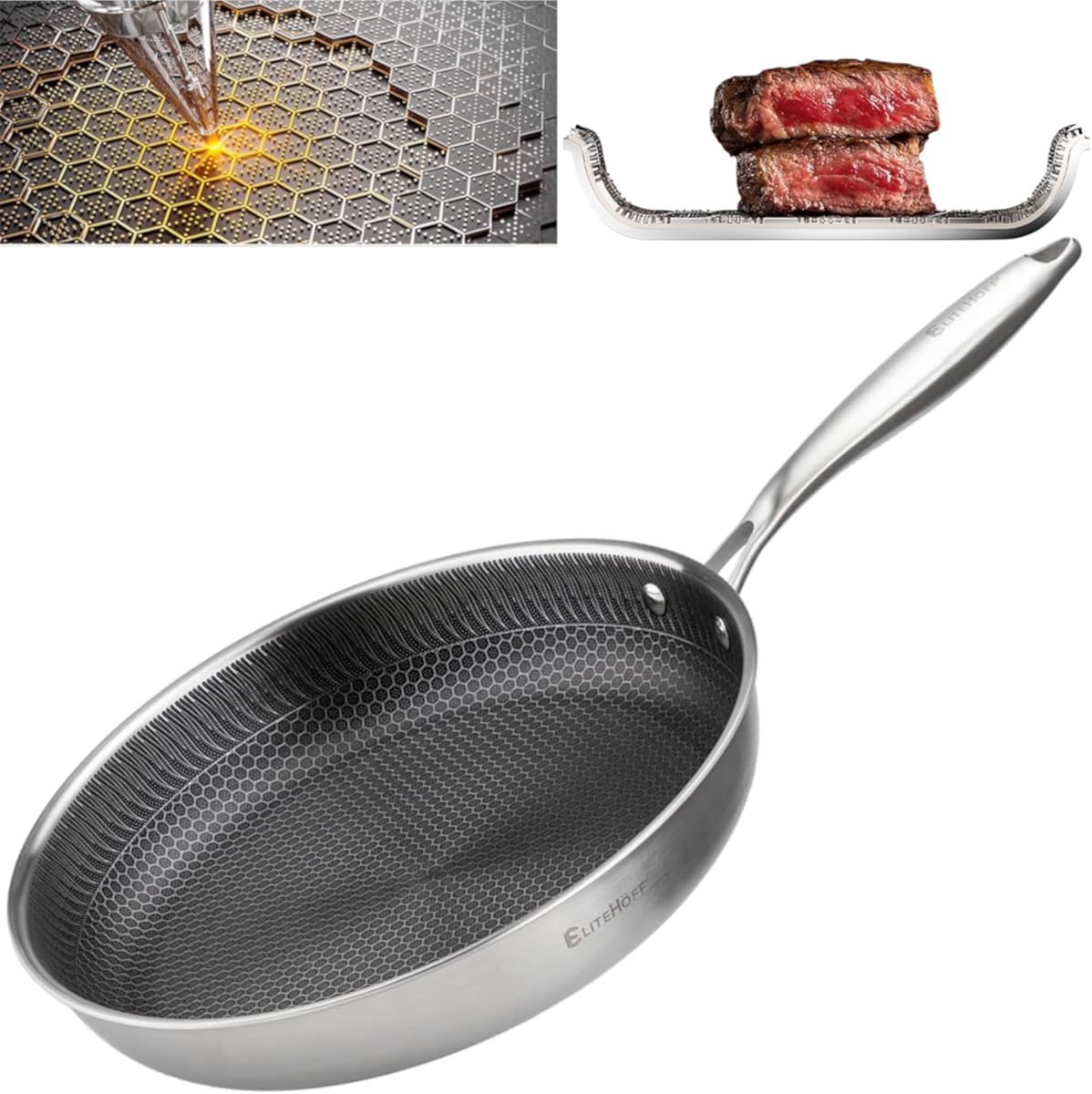 EliteHoff Premium Bratpfanne 30 cm, Antihaft Edelstahlpfanne mit Wabenstruktur, Universal-Induktionspfanne für Alle Herdarten, PFOA-frei, Ofen- & Spülmaschinenfest, Silber (E-7550)