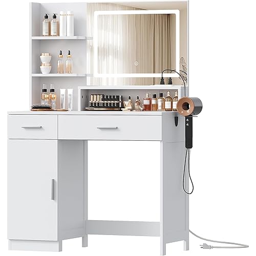 Vanity Desk with LED Mirror and Lights, Makeup Vanity Table with Power Outlet, Drawers, Cabinet, Dressing Table with Open Storage Shelves for Bedroom, Dressing Room, White
