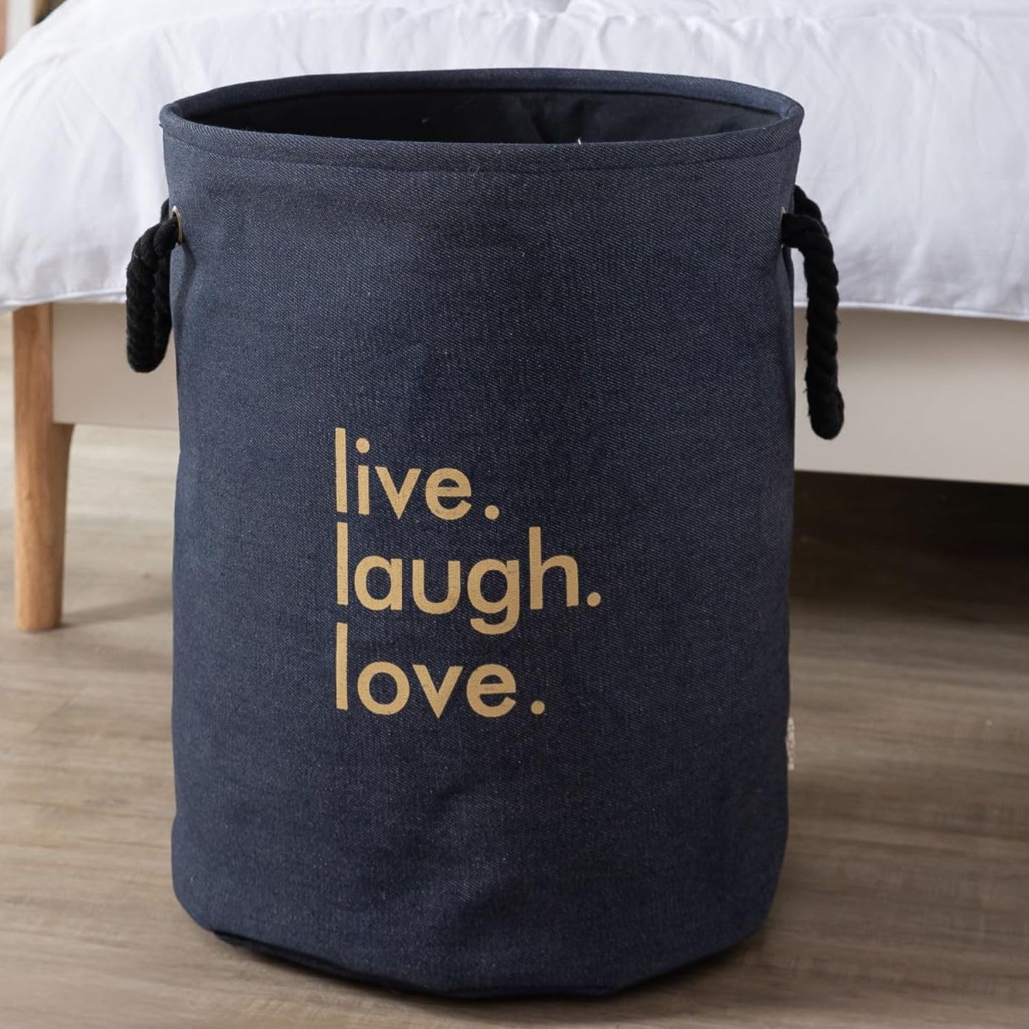 Hokipo Laundry Basket Exquisite 45-Litre European Pattern Folding Denim Round 'Live Laugh Love' Laundry Hamper (Blue)-image-32