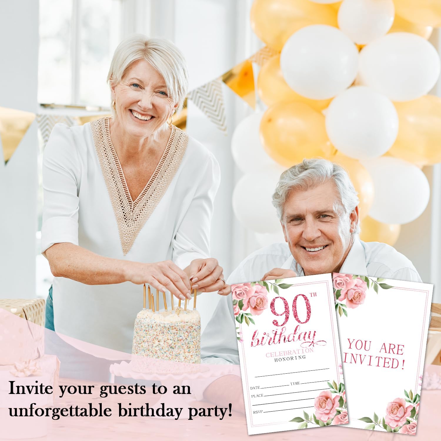90th Birthday Invitations With Envelopes Set of 20, Pink Floral 90 Years Birthday Invites For Mother Grandma, Party Favor Supplies-015