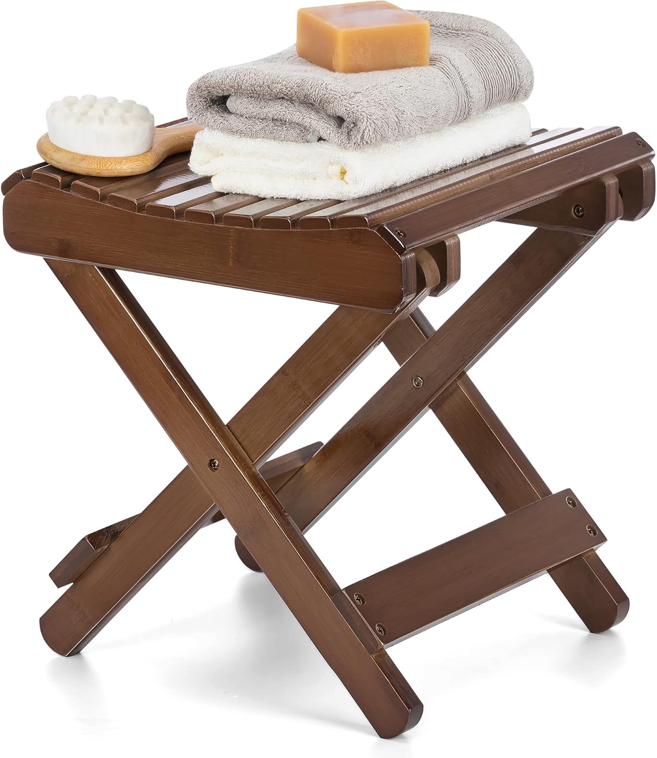 ETECHMART 12 Inch Folding Bamboo Step Stool for Shower, Leg Shaving and Foot Rest, Fully Assembled Wooden Spa Bath Chair for Adults Kids Disabled Women Elderly, Walnut