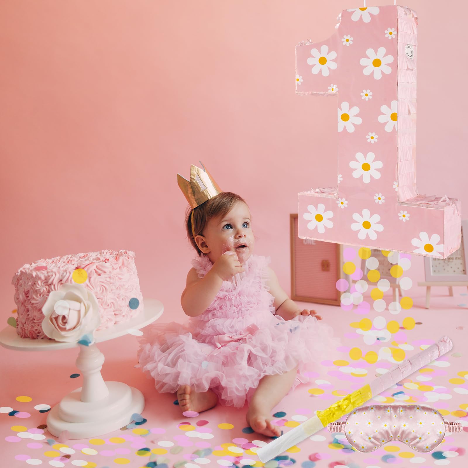 Décorations d'anniversaire en forme de marguerite – Piñata chiffre 1 avec bâton pour les yeux – Confetti pour les yeux – Fournitures de fête d'anniversaire bohème (marguerite 1)