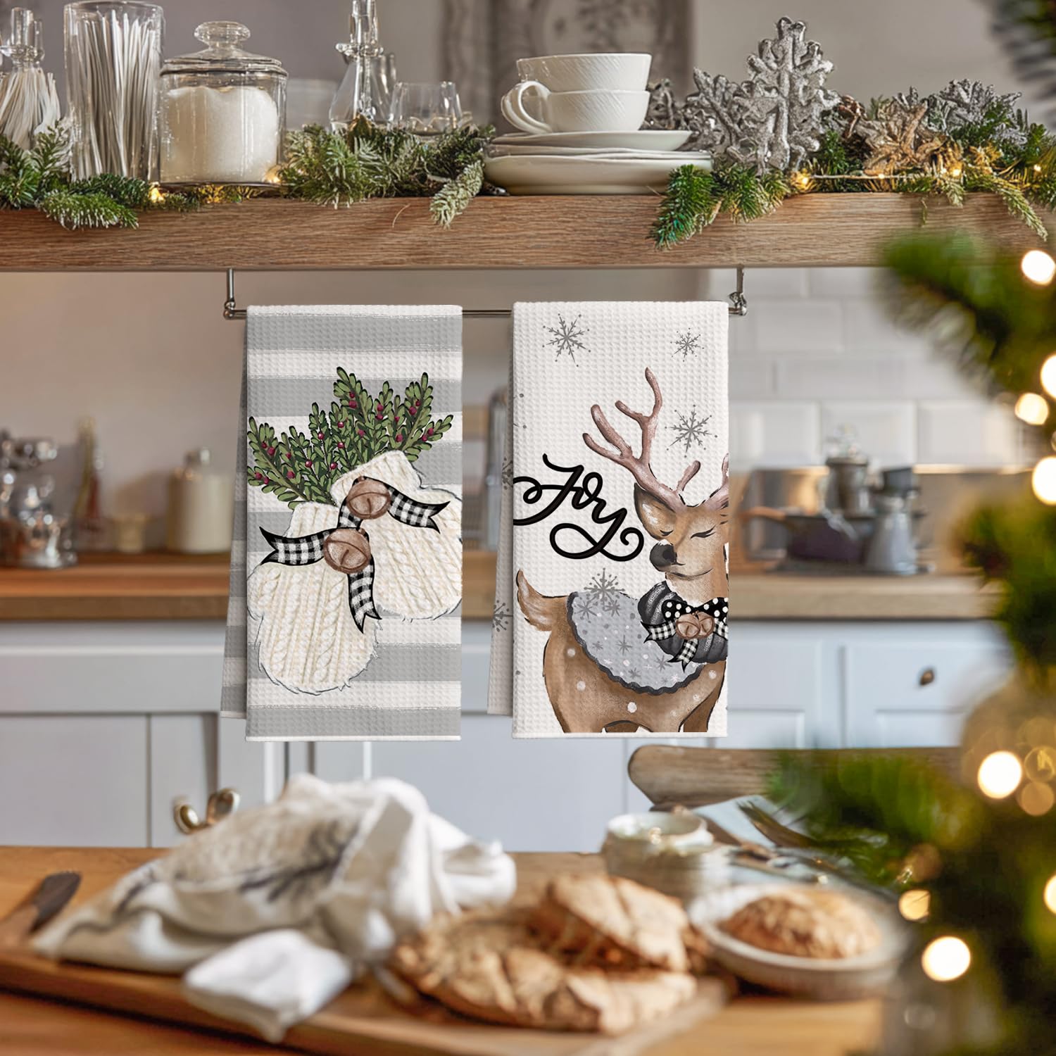 Artoid Mode Muñeco de nieve guantes de reno acebo Navidad paños de cocina, 42 x 65 cm, decoración de invierno, juego de 4