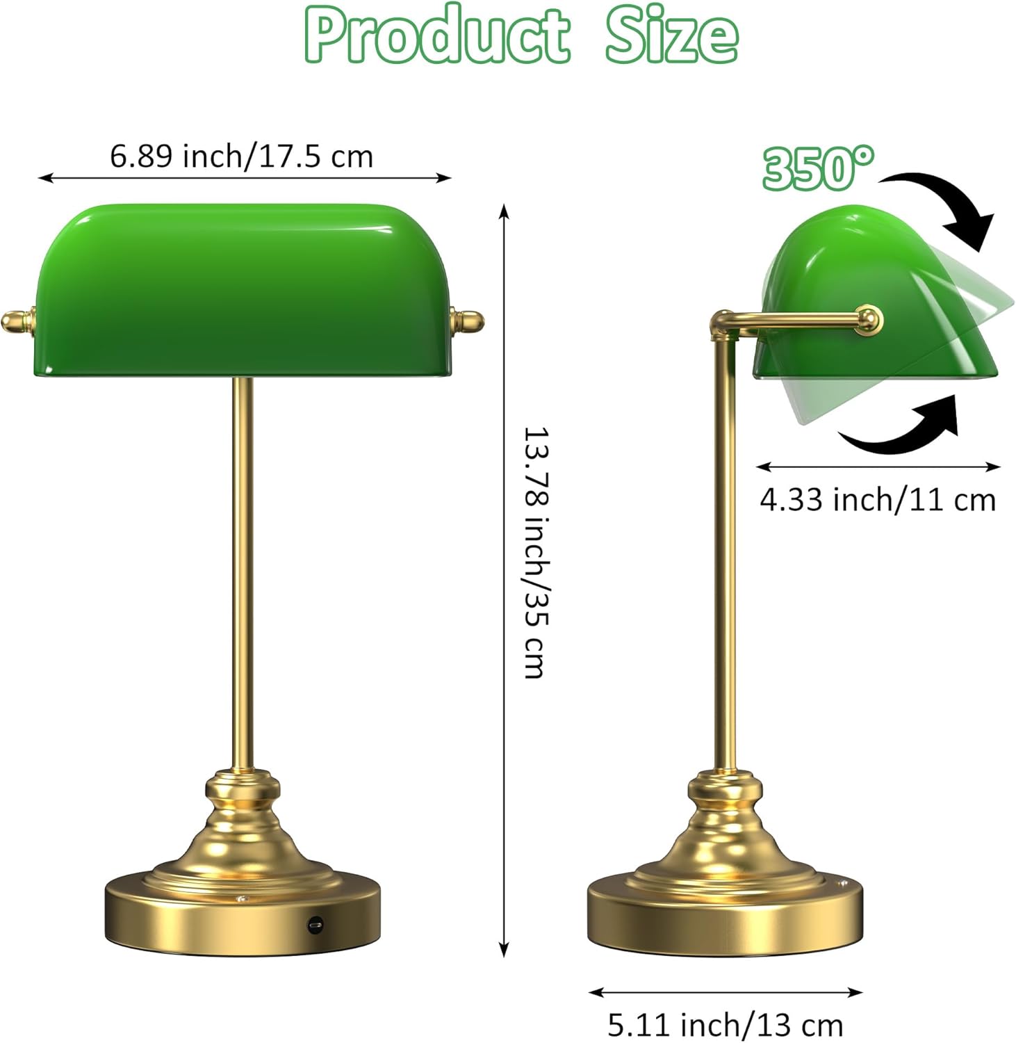Green Bankers Desk Lamp - Rechargeable Cordless Table Lamp with Dimming, Vintage Library Lamp with Light Bulb Set for Home Office