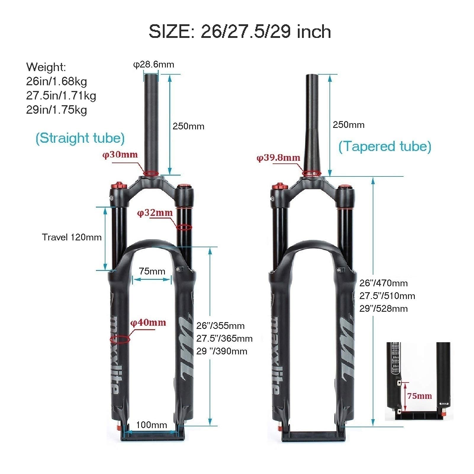 Fourche VTT à Commande à Distance 26 Pouces 27,5 Pouces, Suspension pneumatique 100 mm