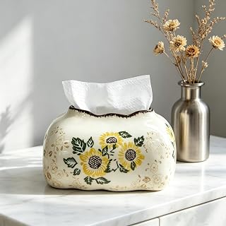 Ceramic Tissue Box Sunflower Decorative Tissue Holder Retro Rustic Farmhouse Home Decor for Vanity Tables, Living Rooms, Bedrooms, Kitchens, and Offices