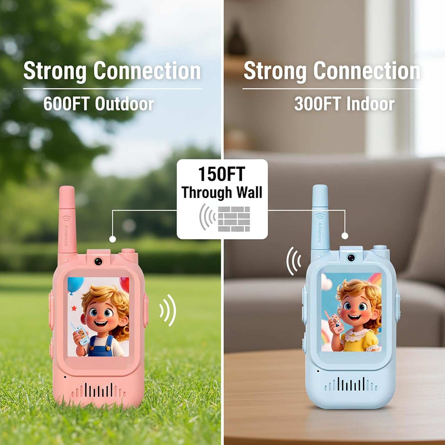 Kids Video Walkie Talkie, 2 Pack Rechargeable WiFi Intercom with Screen Display, Long Range Voice Changer Toys for Boys Girls Ages 3-12, Gifts for Indoor Outdoor Camping (Pink + Blue)