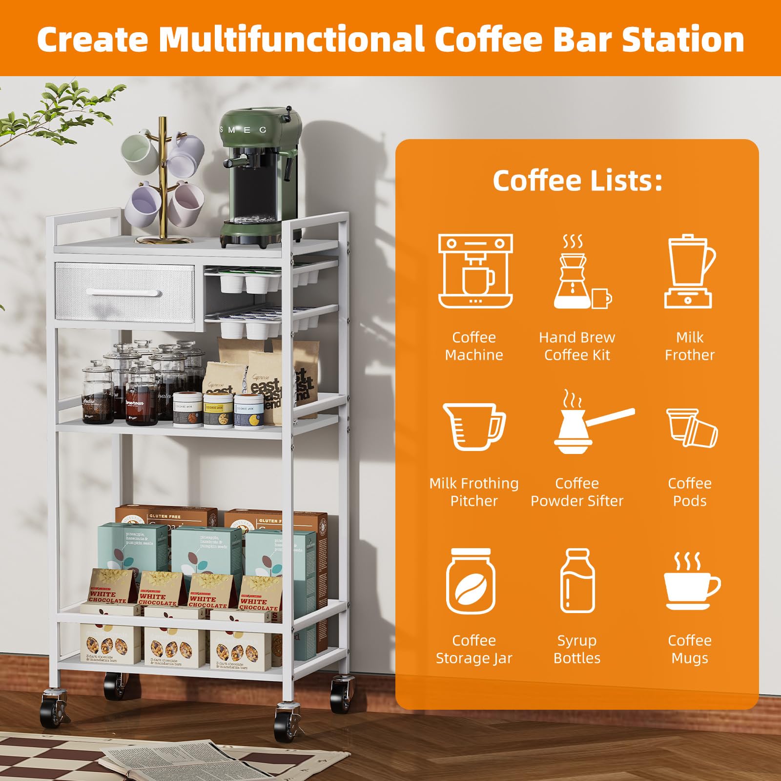 Housolution Mueble Bar de Café Móvil de 4 Pisos con Almacén, Organizador de Café con 2 Cajones para K-Tazas para Nespresso Vertuo, Carrito Bar de Café para Casa, Cocina, Sala de Estar (Blanco + Gris)