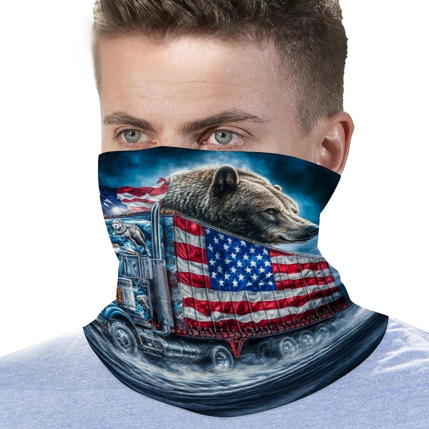 U.S Flag Bear Truck Face Cover Neck Gaiters for Men Women Sun Protection Mask Scarf Hiking Bandana