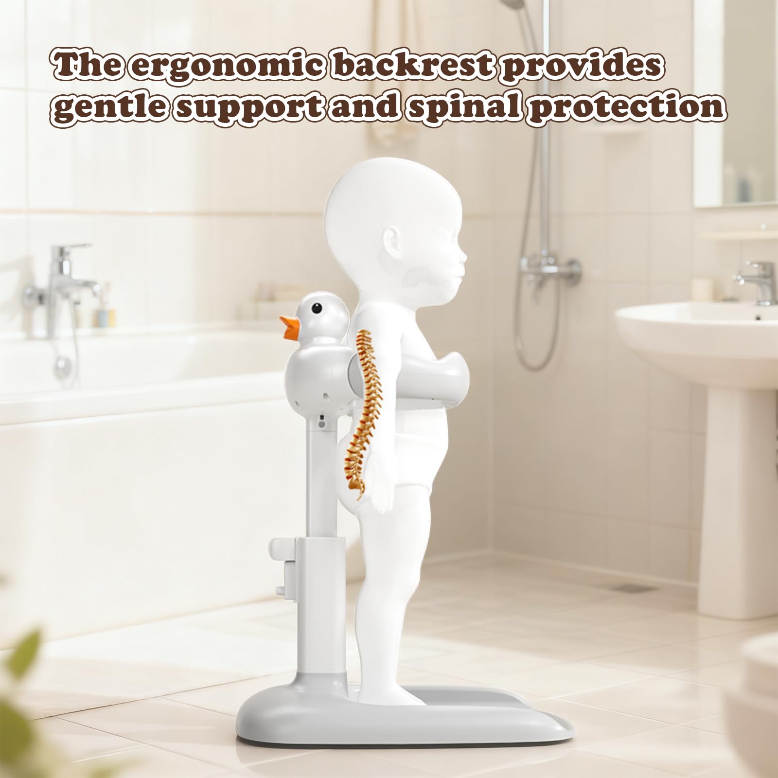 Support de Bain Bébé Debout avec Canard Sonore, Douchette Bébé Bain Réglable en Hauteur, Siège de Bain pour Bébé Antidérapant pour 6 Mois à 3 Ans, Idéal pour Salle de Bain Familiale et Crèches