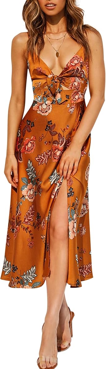 Fashionme Women Spaghetti Strap Midi Satin Dresses Tie Front Backless Slit Cutout Dress Semi-Formal/Casual Flowy Lightweight