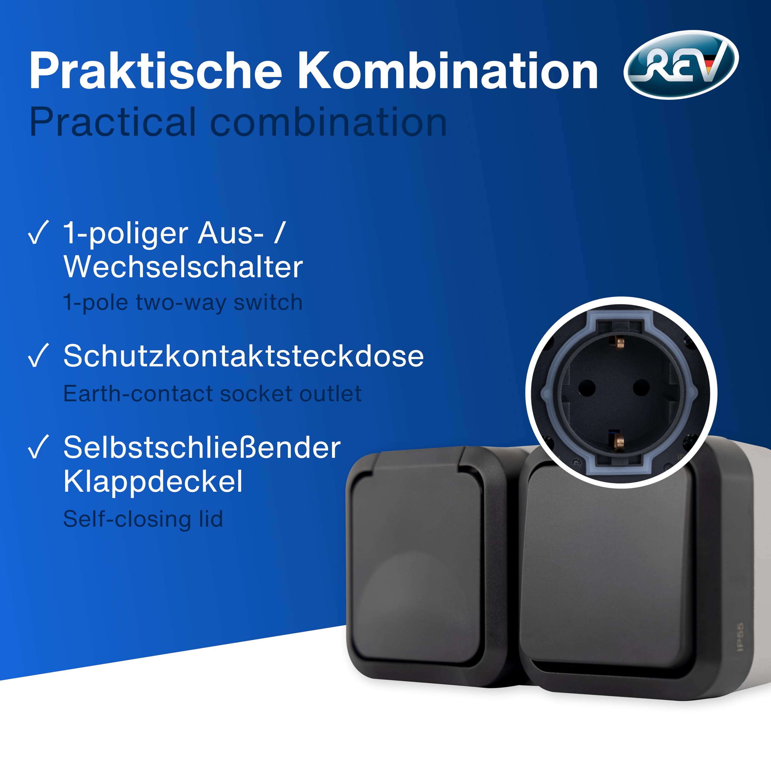 REV AquaStorm zestaw 5 x gniazdko elektryczne z włącznikiem światła – do wilgotnych pomieszczeń, natynkowe, IP55, poziome, 230 V, 16 A, antracytowe