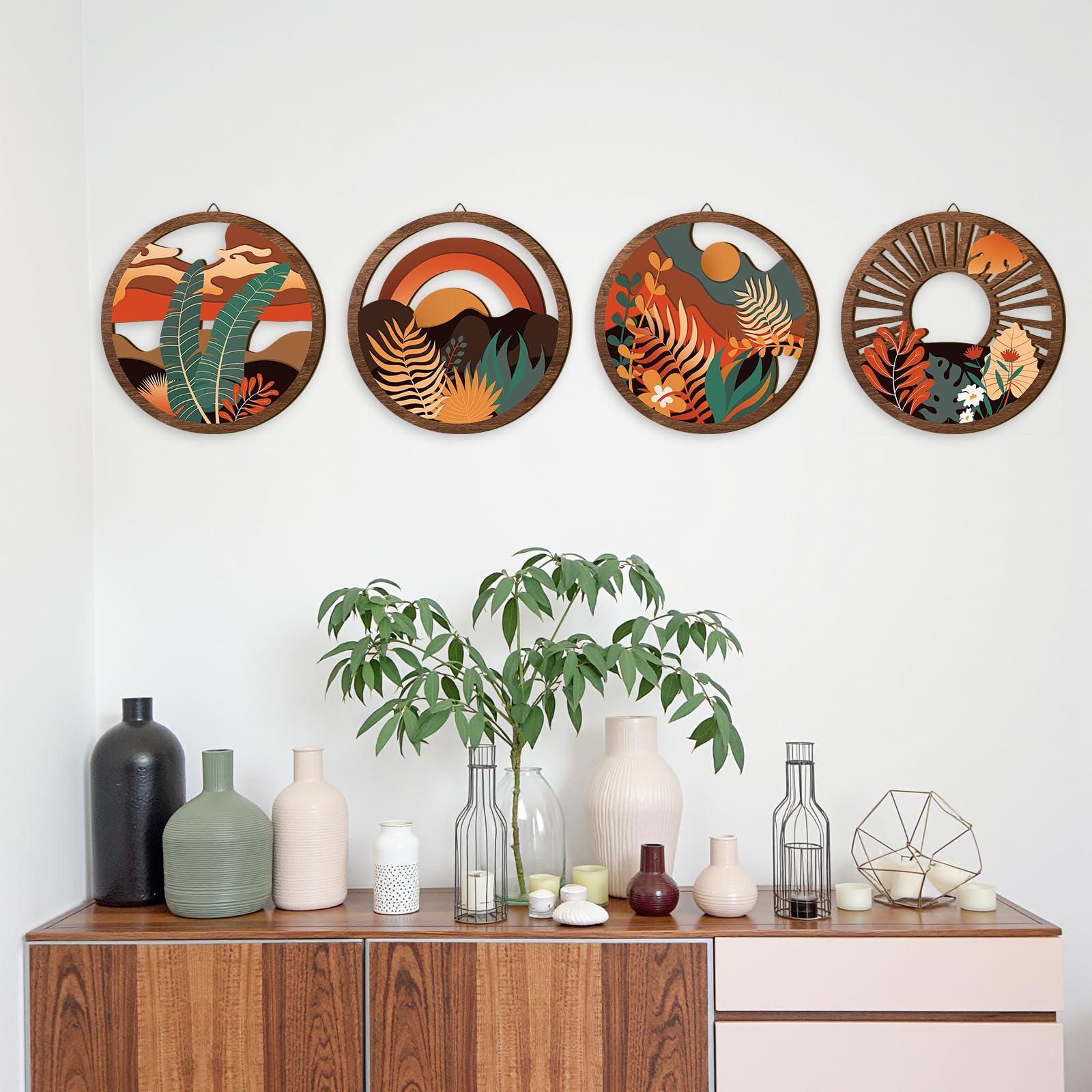 TOARTi 4PCS Boho Wall Art Decor,Wooden Bohemian Wall Art for Living Room,Minimalist Wood Sign Hanging Botanical Geometric Artwork Abstract Plants Desert Sun for Farmhouse Bedroom Office,11x11inch - Image 2