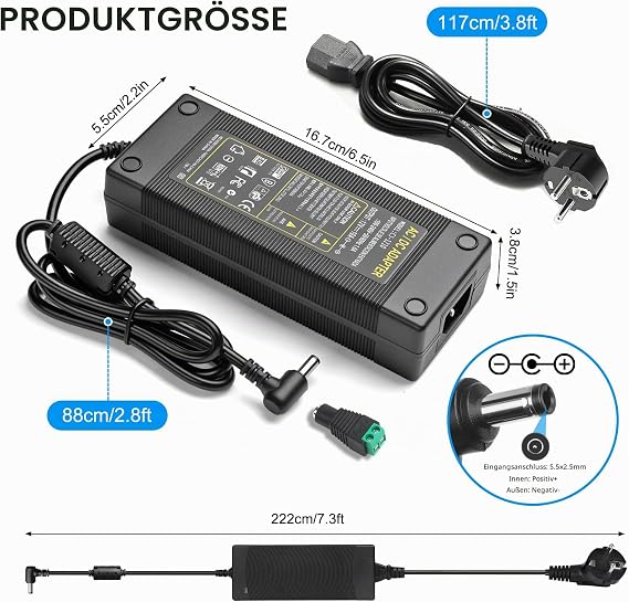12V 10A Power Supply Adapter 120W Power Supply Adapter AC 100-240V to DC 12 Volt 10 Amp 5.5 x 2.5/2.1 mm Plug for LED Strips 3D Printers CCTV Cameras