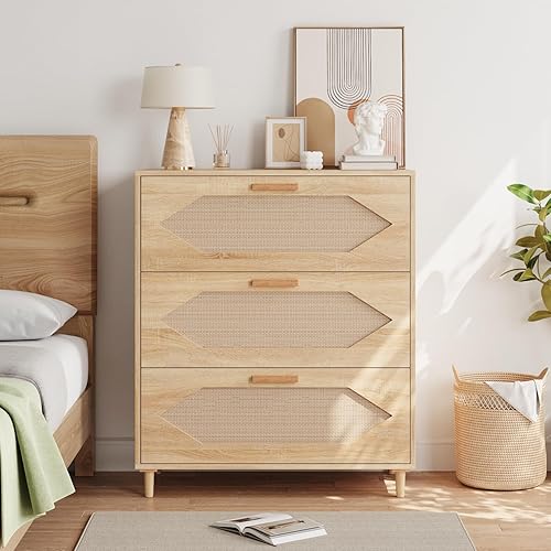 GarveeHome 3 Drawer Rattan Dresser for Bedroom, Rattan Modern Dresser Wood Chest of Drawers, Wooden Storage Cabinets for Bedrooms, Hallways, Living Rooms, and Entryways, Easy Assemble, Natural
