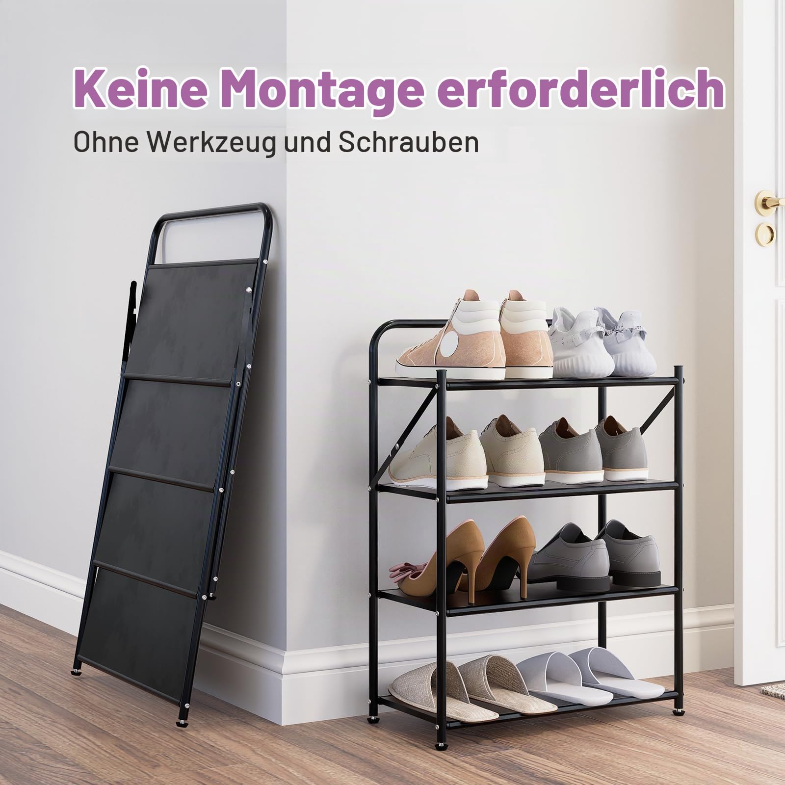 4-stufiges klappbares Metall-Schuhregal, ohne Montage
