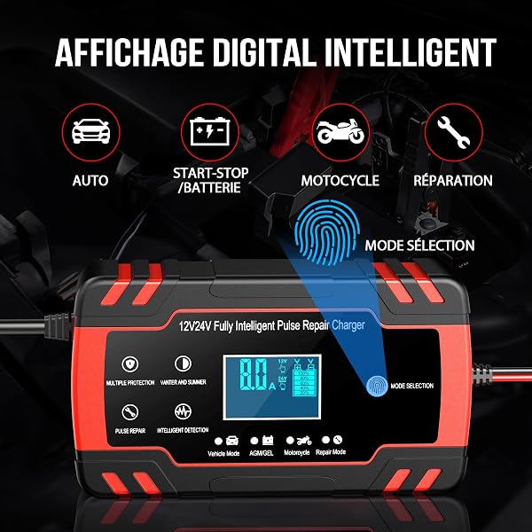 Husgw Chargeur Batterie Voitures 12V/24V 8A, Chargeur de Batterie Intelligent Moto avec Fonction Réparation, Maintien de Charge Auto, Écran LCD, pour Voiture Moto Camion, AGM, Gel, Wet, SLA (4-150 AH) - 4