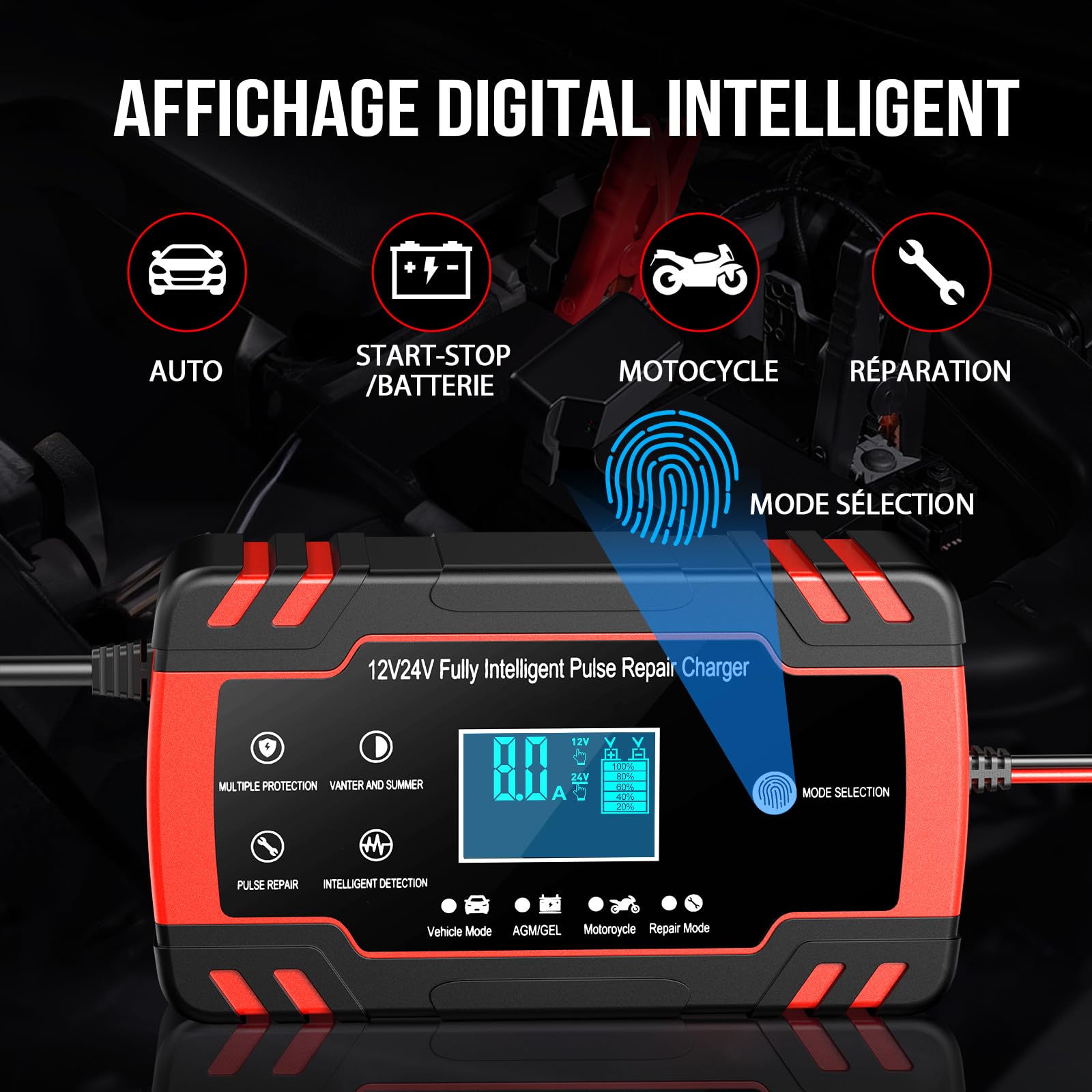 Chargeur Batterie Voitures 12V/24V 8A, Chargeur de Batterie Intelligent Moto avec Fonction Réparation, Maintien de Charge Auto, Écran LCD, pour Voiture Moto Camion, AGM, Gel, Wet, SLA (4-150 AH)
