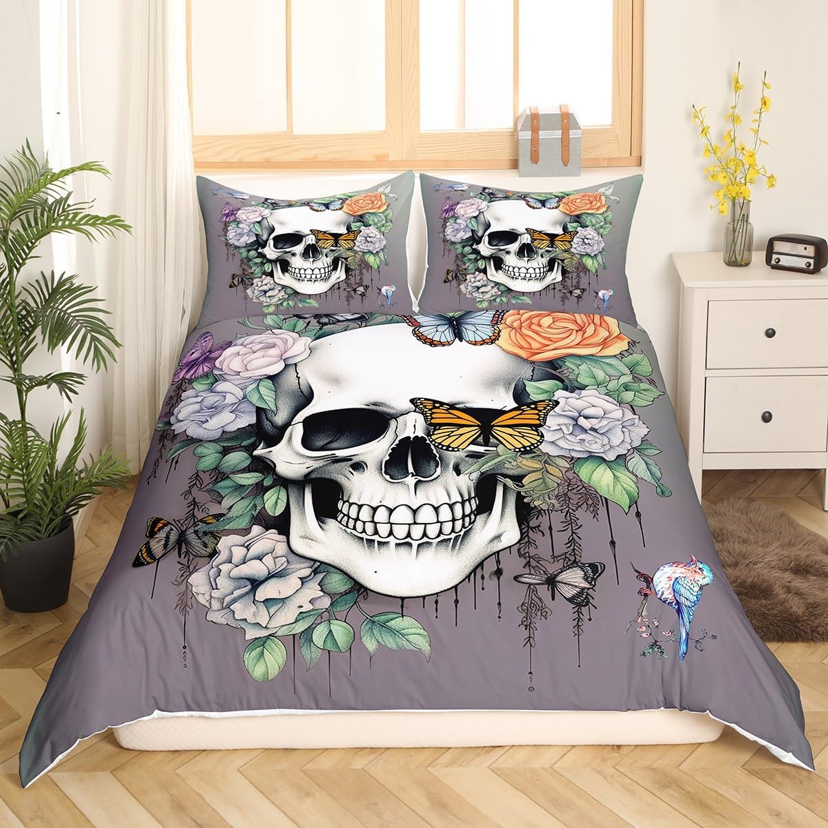 Erosebridal Rose Skull Bedding Set Twin,Goth Bird Butterfly Duvet Cover Retro Gothic Sugar Skull Comforter Cover for Girls Teens Women Men,Black White Sketch Skeleton Quilt Cover 2 Pcs Vintage Green