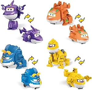 Super Wings 2" Transform-a-Bots 4-Pack, Supercharged Sally, Stego, Trico, Brachy, Airplane Toys Vehicle Mini Figures, Fun Toys for Kids, Transformable Toy for 3 4 5 Year Old Boys and Girls