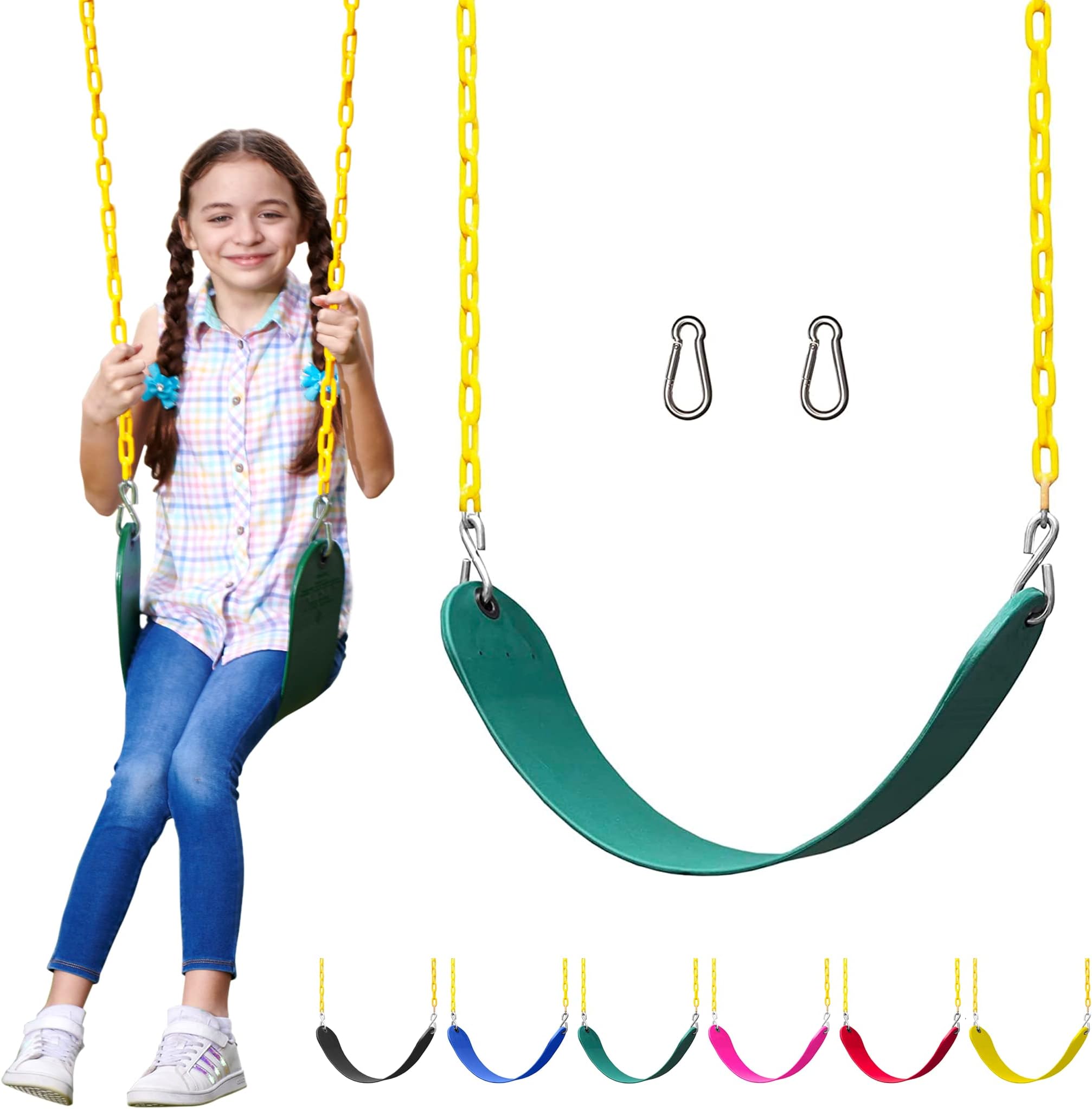 Jungle Gym Kingdom Swing Seat Heavy Duty 66" Chain Plastic Coated - Playground Swing Set Accessories Replacement with Snap Hooks (Green)