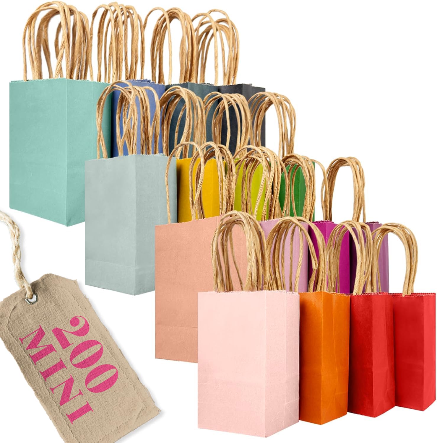 Photo 1 of qiqee 200Pcs Paper Gift Bags with Handles - 4.5"×2.5"×6" Mini Party Favor Bags Multiple Uses - 16 Solid Colors