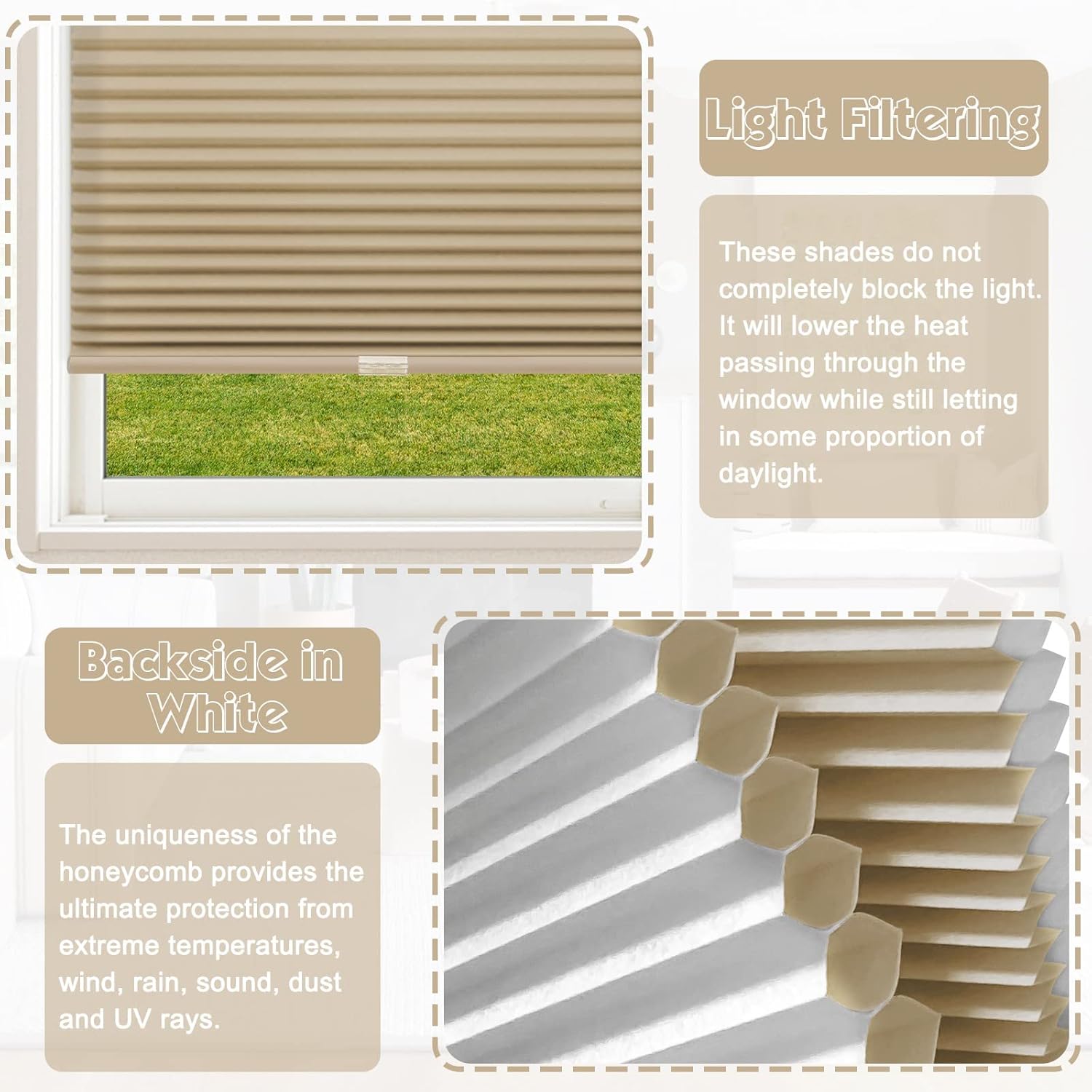 Keego Top Down Bottom Up Window Blinds Cordless Light Filtering Shades for Home-Custom Cut to Size Noise Cancelling Window Shades & Blinds for Windows Kitchen Bedroom Office (Khaki, 33" W x 44" H)