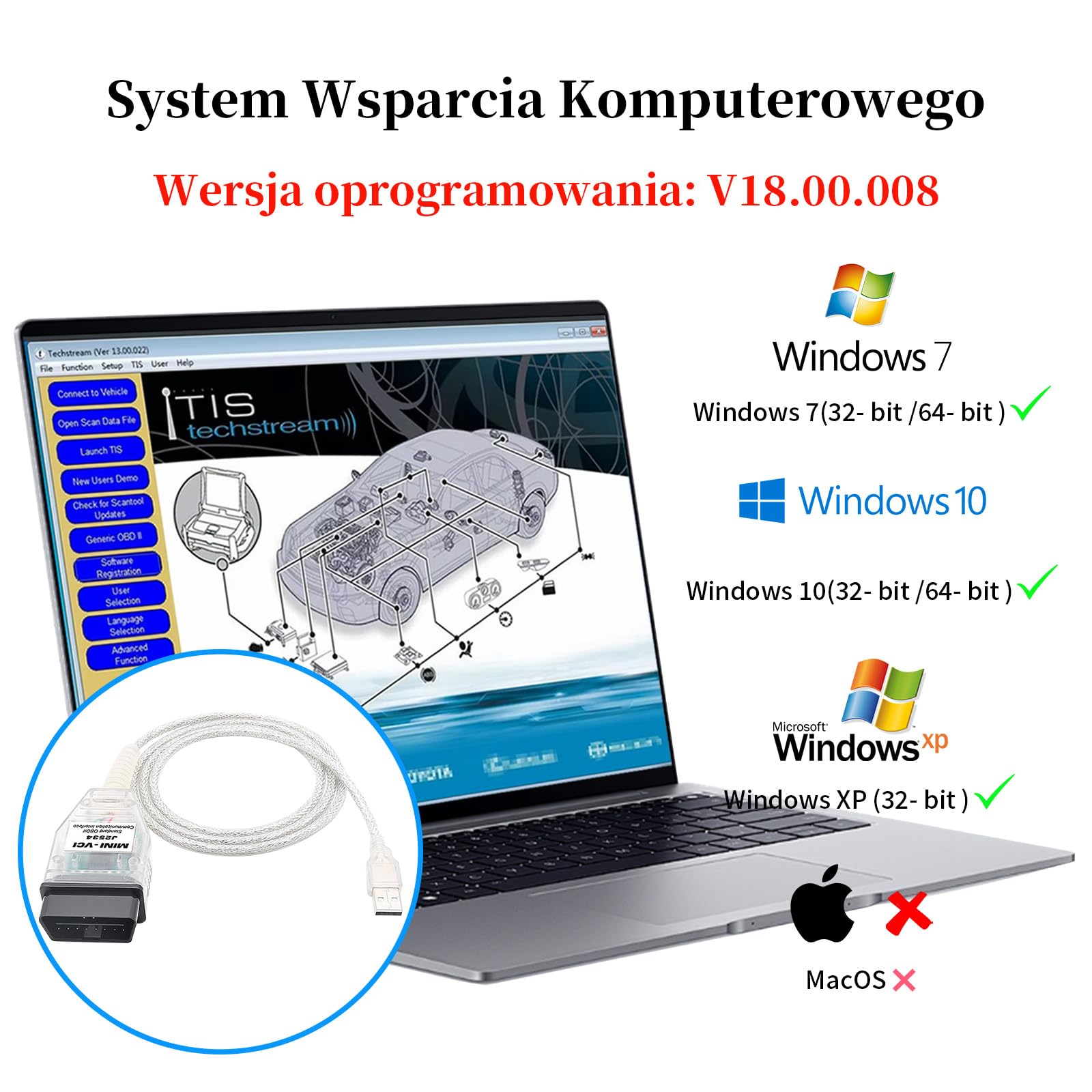 Cable Mini VCI J2534 para Toyota Techstream-Última Versión V18.00.008,Cable de Diagnóstico y Reprogramación OBD2 a USB Compatible con Vehículos Toyota,Lexus,Scion, Funciona con Windows XP/7/10