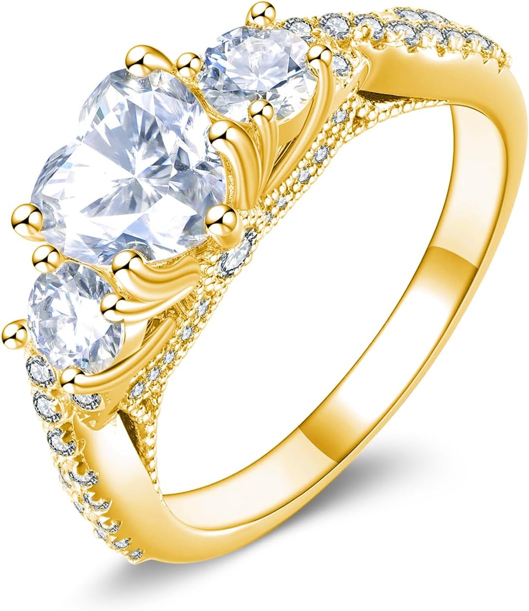 S925 10k/14k/18k Solid Gold 3 Moissanite Wedding Ring for Women, 1-3 Carats Heart Cut Moissanite Bridal Engagement Ring, Anniversary for Her Wife, Free Engraving