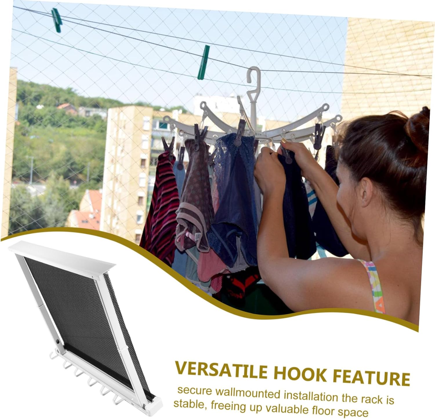 Garneck Laundry Drying Rack Foldable Wall-Mounted Retractable Extra Hooks for Small Spaces