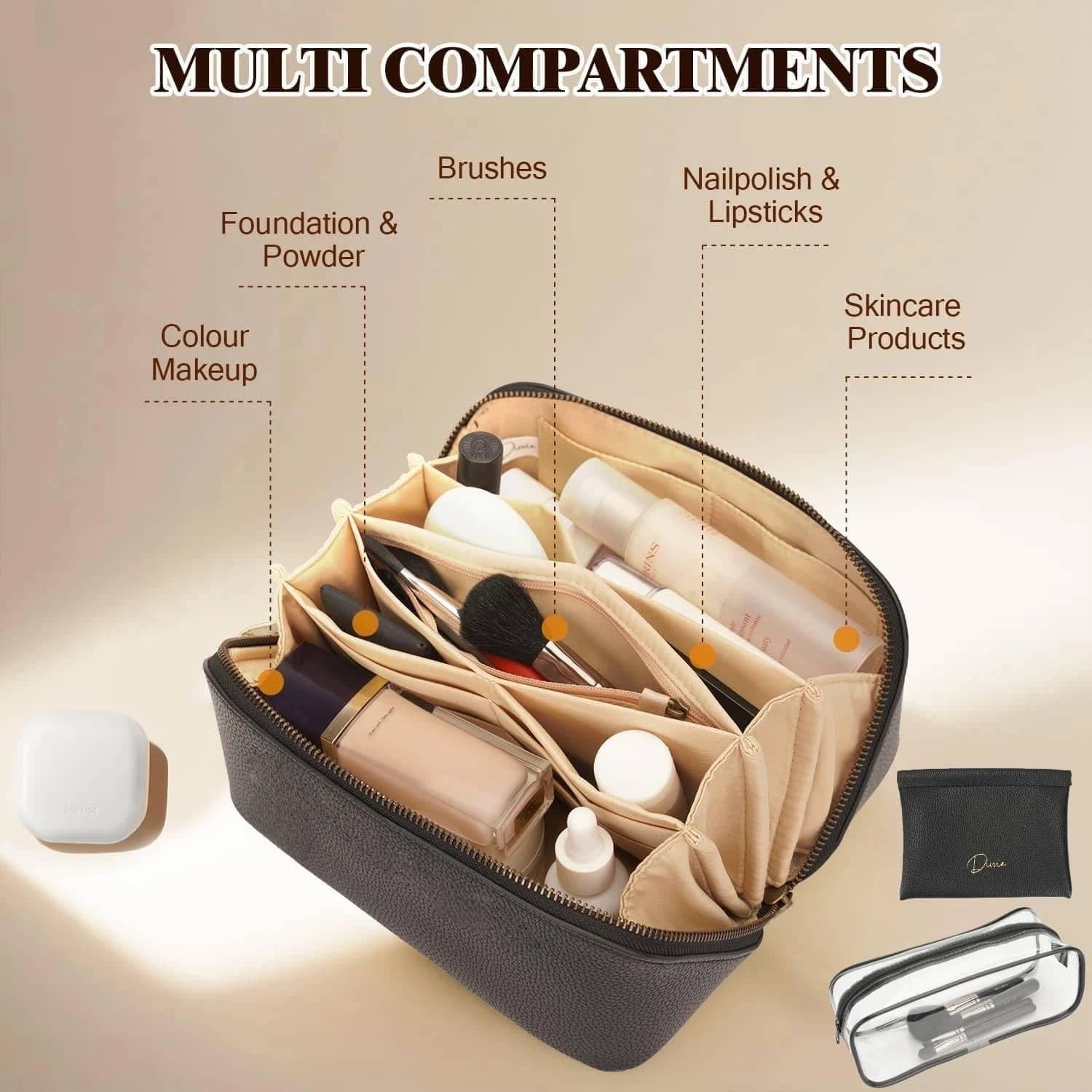 Travel Makeup Bag Organizer Cosmetic Bag Make up Bags for Women with Handle - Waterproof Vegan Leather Toiletry Bags Travel Essentials Pouch with Compartments (black, Medium)