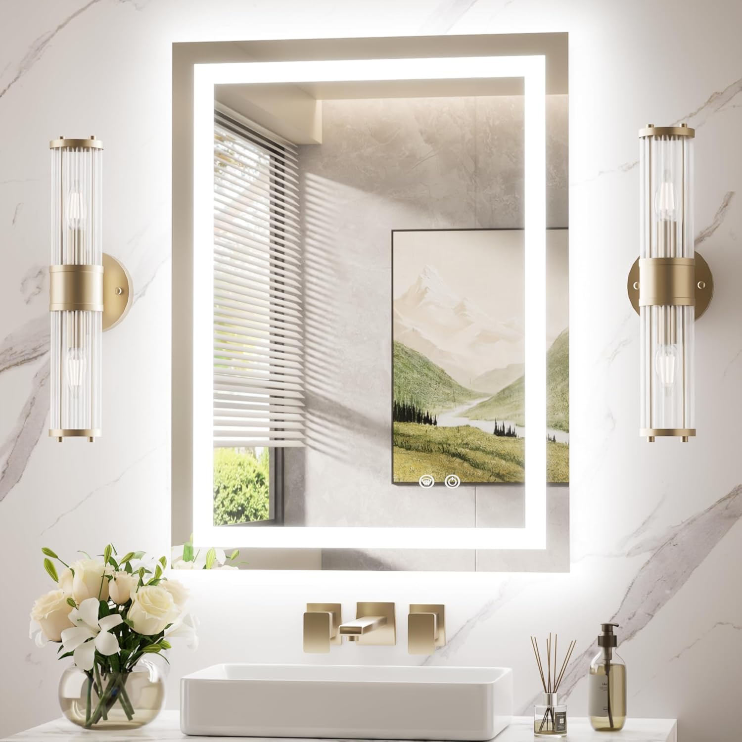 tokeshimi 24x32 led mirror for bathroom,backlit + front lit,lighted mirrors for bathroom wall,stepless dimmable 3 colors,shatterproof,tempered glass,memory function,ul listed 32"l x 24"w