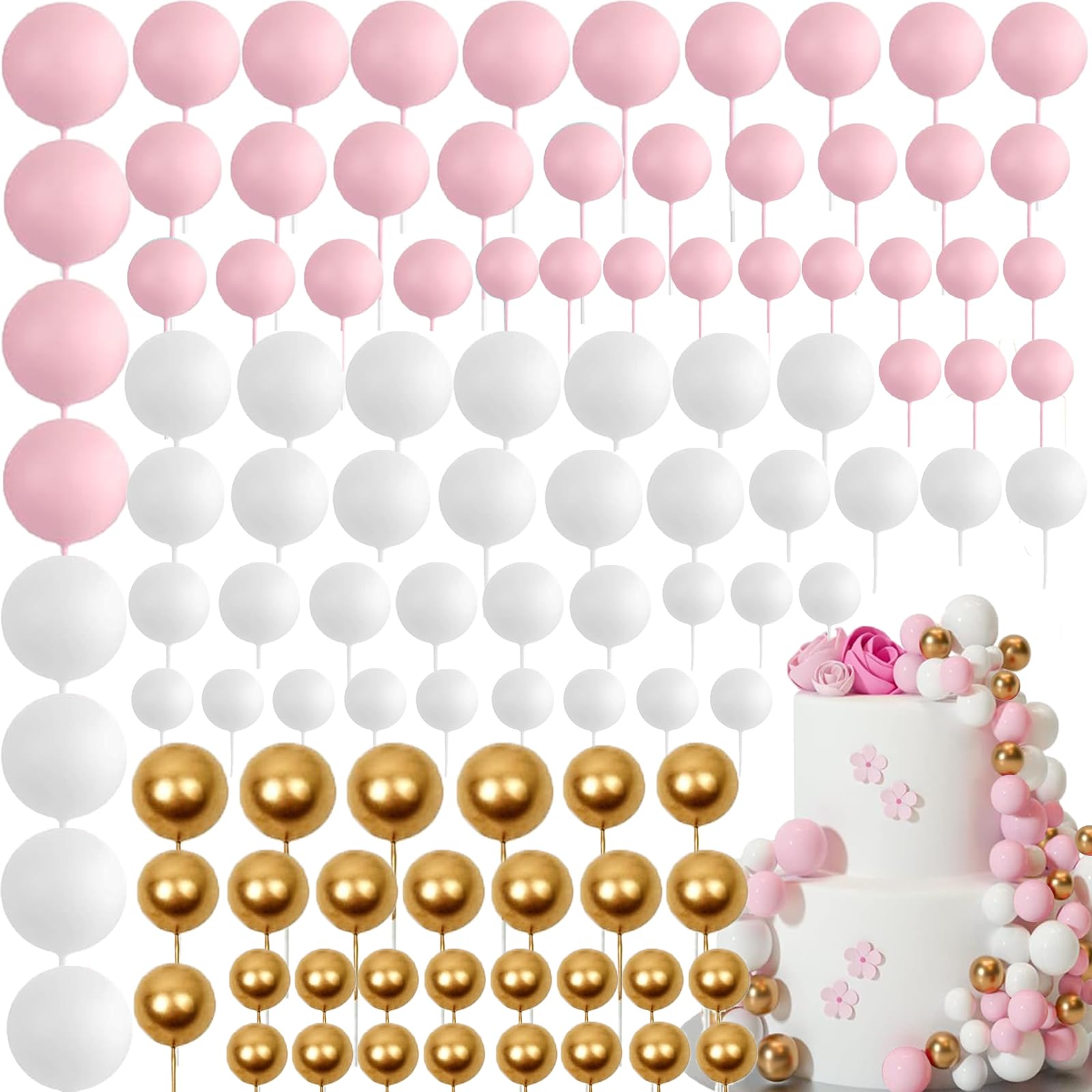 108 Pezzi Topper Foam Ball Torta,Decorazioni Torta Compleanno Cake Topper Palline per Matrimonio Compleanno Shower (rosa)