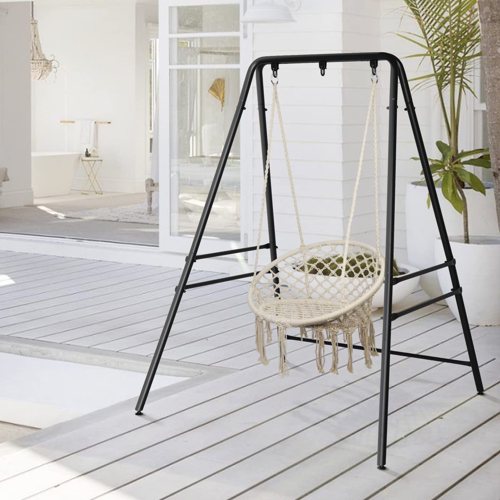 LEADZM Estructura de hamaca – Diseño de doble travesaño, estable, estructura de 4 patas con 3 anillas para 200 kg, resistente y segura, para interior o exterior