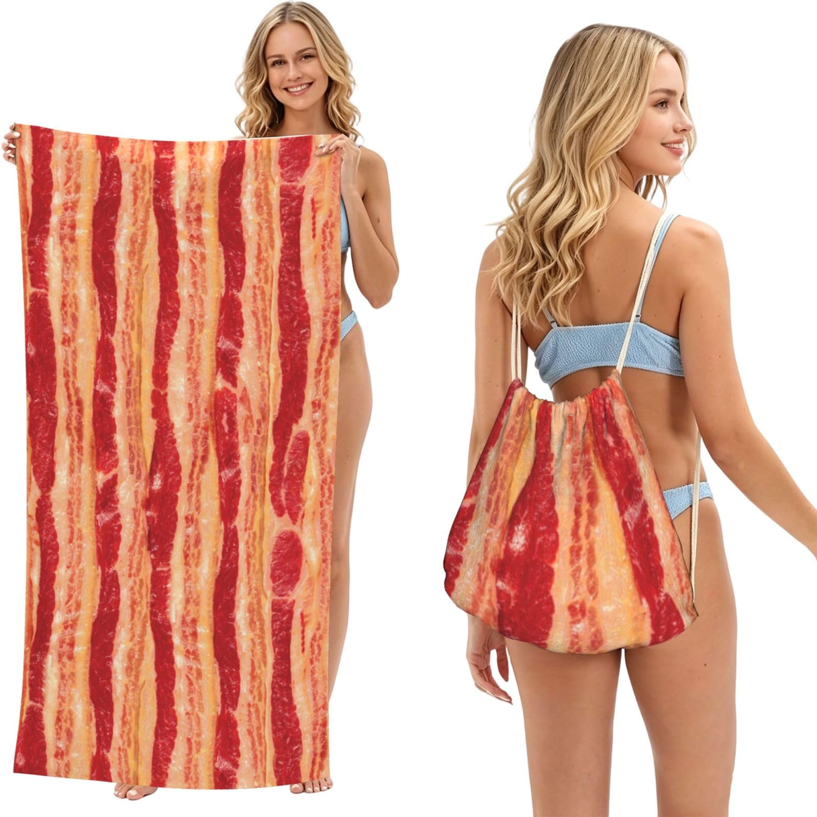 Poadnly Bacon Slabs, 2 in 1 Packable Towel Bag, Beach Towels with Drawstring Backpack for Travel Holiday Camping