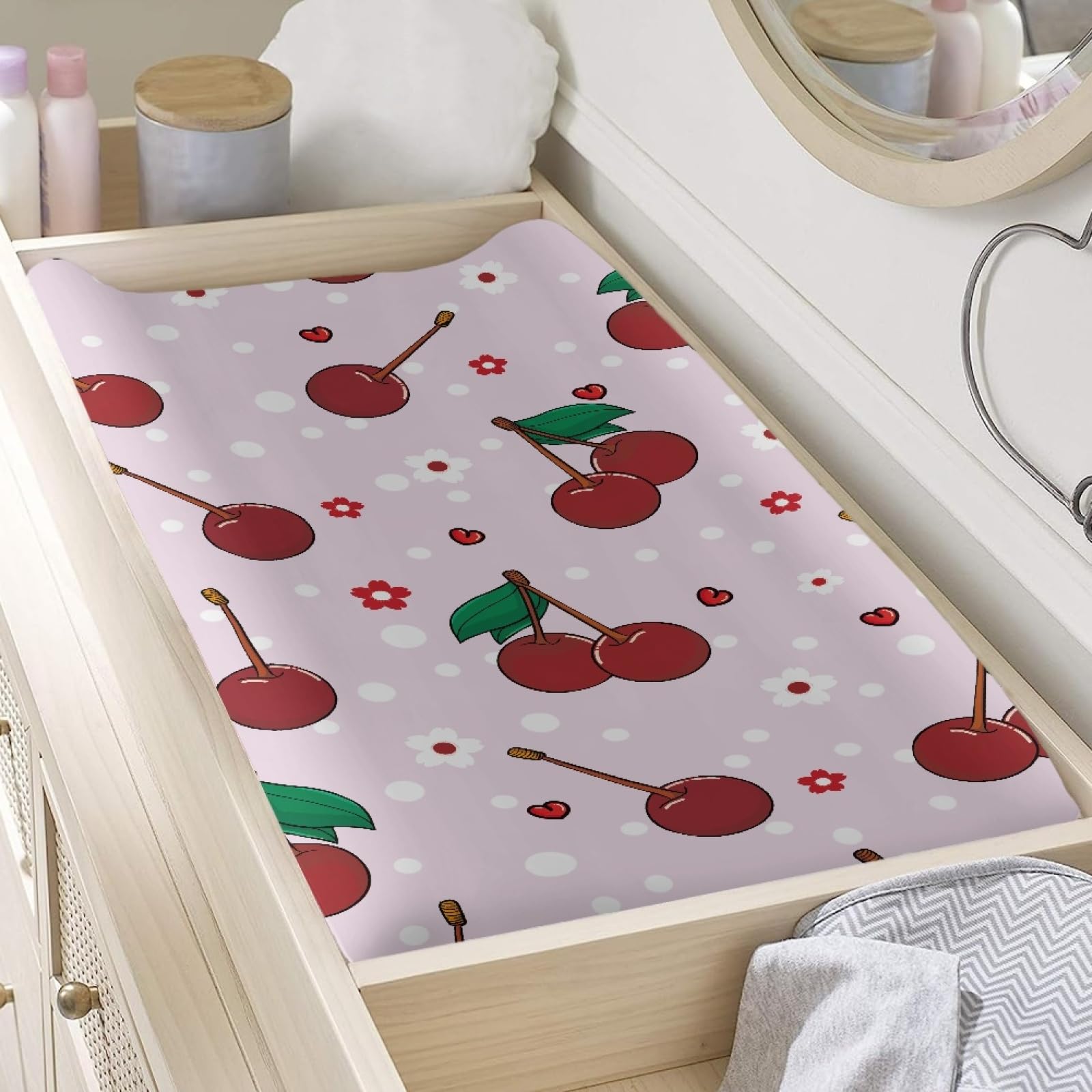 TOADDMOS Changing Pad Cover, Cherry with Floral Print Soft Breathable Diaper Changing Table Cover for Baby Boys Girls, Changing Pad Sheets