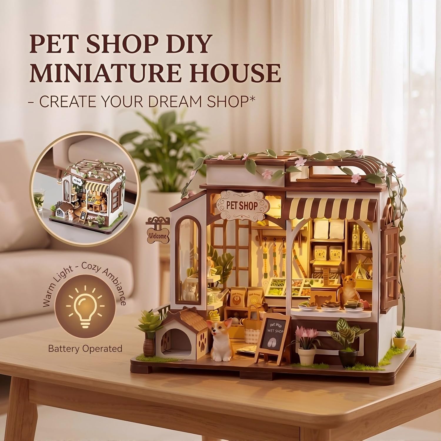 DIY Miniature Pet Shop Dollhouse Kit, Wooden Tiny Store with Furniture & LED Lights, 3D Building Craft Set for Adults & Teens, Mini Model Birthday Gift & Ideal Home Decor