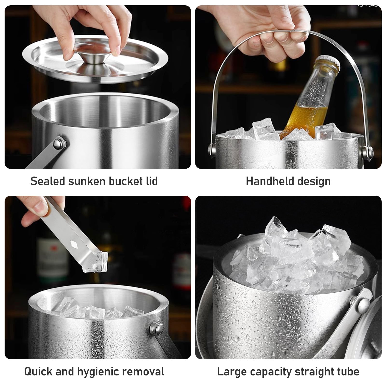 Seau à glaçons Isotherme 3L, Seau a glacon Isotherme en Acier Inoxydable Double paroi, Seau à Champagne avec Pince et Pelle, Seau glacon pour Bar fête Maison
