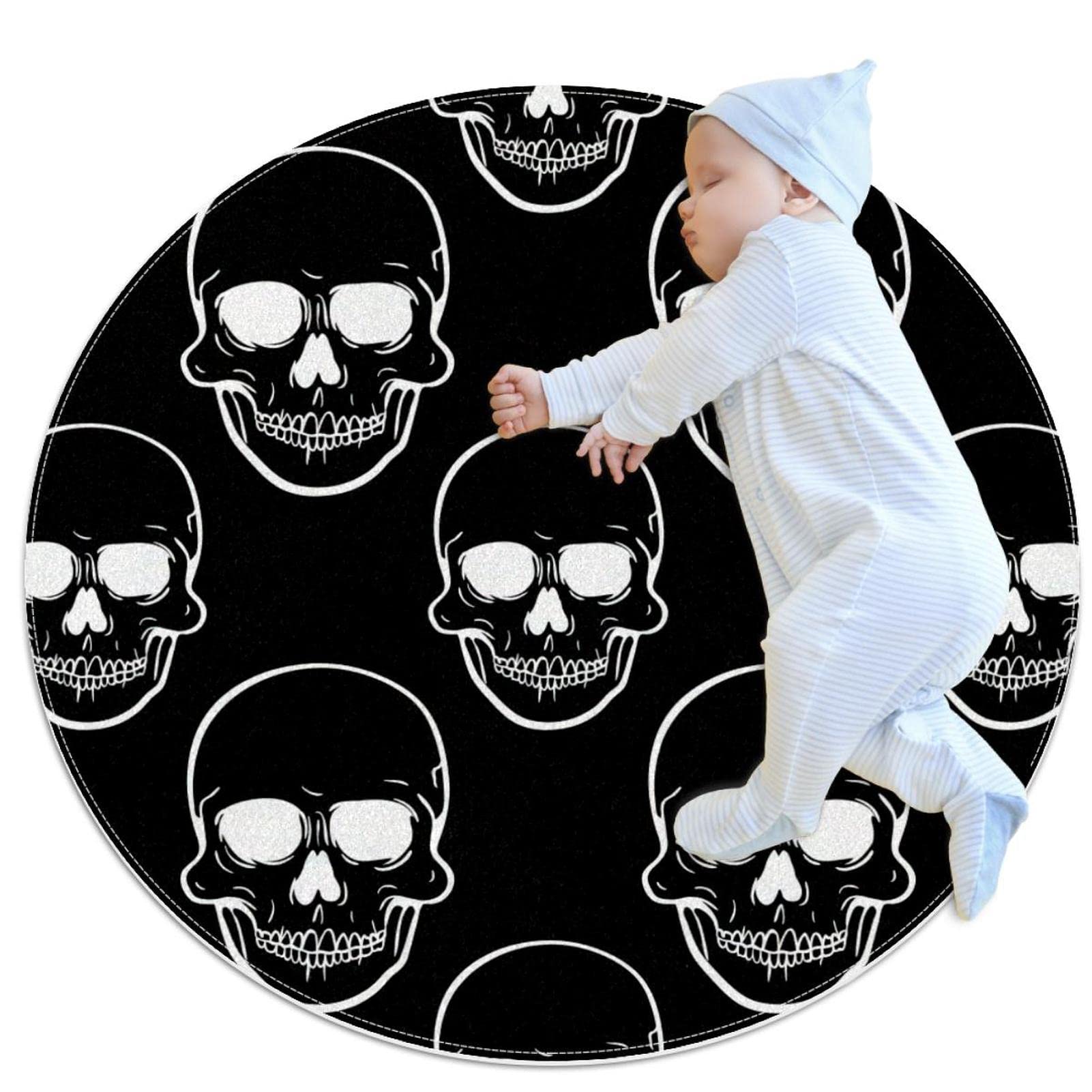 Tapis de sol circulaire imprimé crâne humain tapis noir et blanc décoratif antidérapant