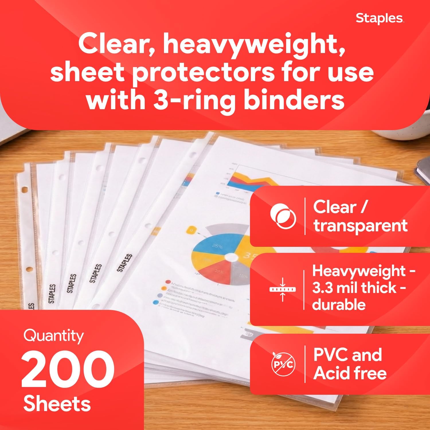 Staples Heavyweight Sheet Protectors, 8.5" x 11" – Clear 3-Hole Punched Page Protectors, Archival Safe, 200-Pack