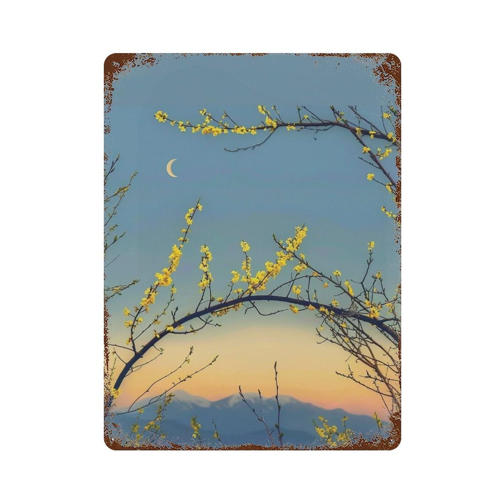 WUJHGRSG Framed Blossom Crescent Landscape 02 Wall Art Retro Iron Vintage Metal Tin Sign Poster Modern Decor for Home Cofffee Club Bar Shop Style 40x30cm