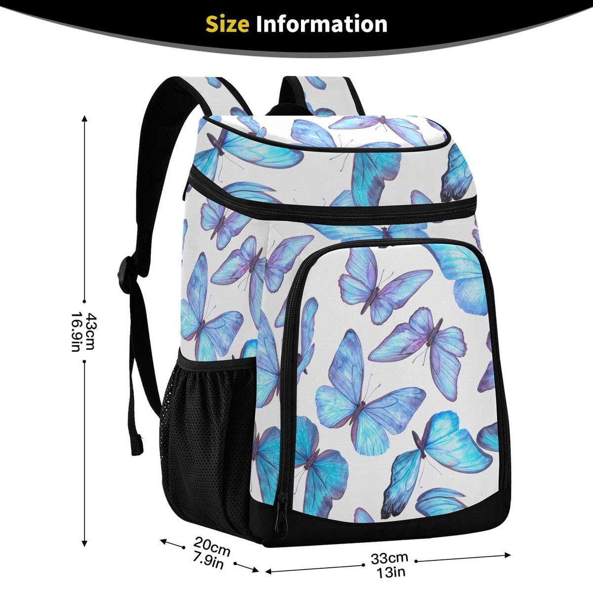 Butterfly Watercolor Blue Cooler Backpack Leakproof Insulated Lunch Cooler Bag 30 Cans Camping Backpacks for Picnic Beach Road Trip